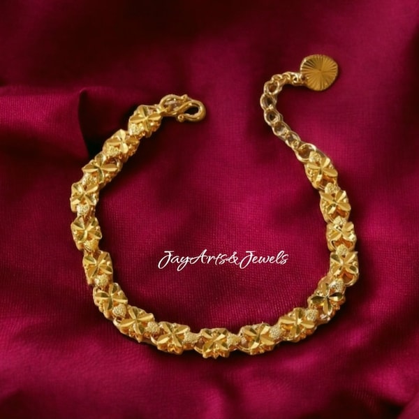 Flower clover Heart gold bracelet, gold flower bracelet, Dubai Indian gold bangle bracelet, 18K gold plated, Flower bracelet, gift for her