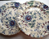 Rose Chintz Johnson Bros Dinner Plates TWO Ironstone BLUE Roses England