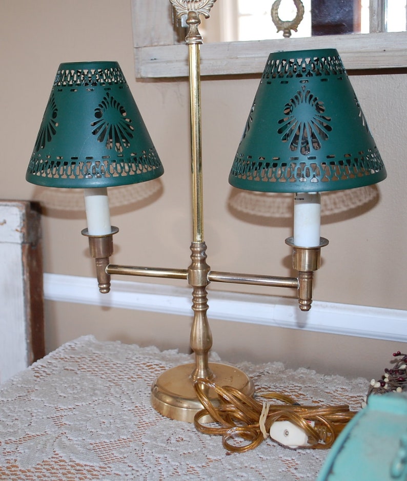 Brass Desk Lamp Green Metal Shade Dual Vintage Table Double Light