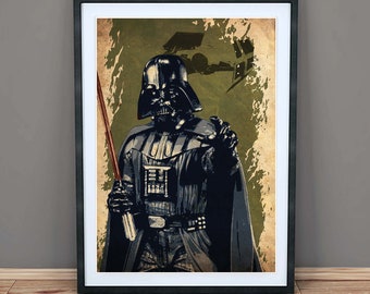 Peut inclure: Impression d'art encadrée de Dark Vador de Star Wars. L'œuvre représente Vador en costume noir, tenant un sabre laser rouge, avec un chasseur TIE en arrière-plan. L'impression a un aspect vintage et vieilli, dans un cadre noir.