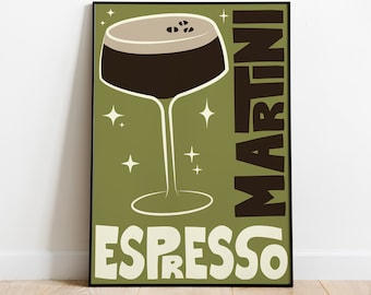 Impressão de arte de parede de coquetel Espresso Martini, pôster de meados do século, decoração retrô de cozinha, presente de bartender, arte vintage de comida e bebida