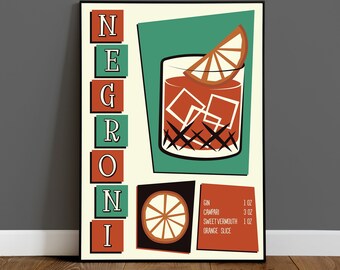 Peut inclure: Une illustration de style rétro d'un cocktail Negroni avec une garniture de tranche d'orange. La boisson est dans un verre avec des glaçons et la recette est indiquée ci-dessous : Gin 3 cl, Campari 3 cl, Vermouth doux 3 cl, Tranche d'orange.