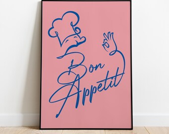 Impressão de arte de parede Bon Appetit, pôster de cozinha, decoração retrô de cozinha, pôster de meados do século, arte vintage de comida e bebida