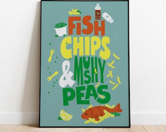 Impressão de arte de parede de peixe, batatas fritas e ervilhas, pôster para viagem de chá chippy de cozinha, decoração retrô colorida, arte de comida e bebida