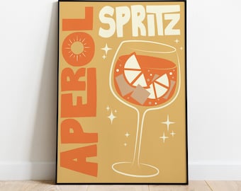 Impressão de arte de parede de coquetel Aperol Spritz, pôster de meados do século, decoração retrô de cozinha, presente de bartender, arte vintage de comida e bebida