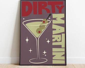 Impressão de arte de parede de coquetel de martini sujo, pôster de meados do século, decoração retrô de cozinha, presente de bartender, arte vintage de comida e bebida