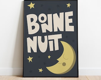 Bonne Nuit Impressão de arte de parede, pôster de citação, decoração retrô colorida para casa, pôster de meados do século, impressão de arte francesa vintage