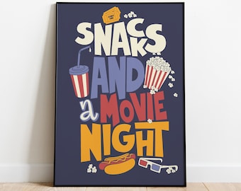 Snacks and a Movie Night Art Print , Illustration Film Quote, Retro Colourful Home Cinema Decor, Mid Century Poster, Vintage Lettering Art
