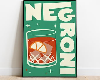 Impressão de arte de parede de coquetel Negroni, pôster de meados do século, decoração retrô de cozinha, presente de bartender, arte vintage de comida e bebida