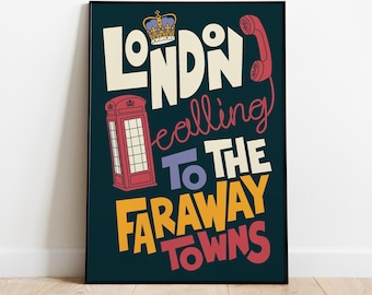 Londres chamando impressão de arte de parede, pôster de citação, decoração retrô colorida, pôster de meados do século, impressão de quarto vintage punk ska rock música arte lírica