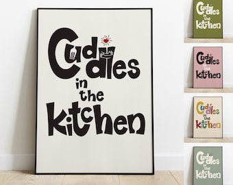 Impressão de arte de parede de abraços na cozinha, pôster com letras de cozinha, decoração musical retrô colorida, citação de meados do século, arte vintage de comida e bebida