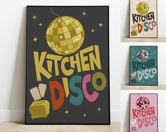Impressão de arte de parede de discoteca de cozinha, pôster de cozinha com bola de espelho, decoração retrô colorida, pôster de meados do século, arte vintage de comida e bebida
