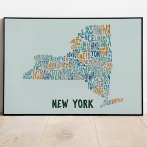 New York Counties Typografie Kaart Art Print - Cartografie Typografische Poster - Word Art