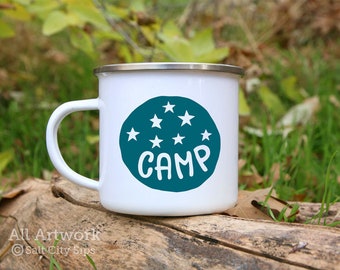 Camp Under the Stars Enamel Camp Mug, 12 oz. - White Enamel Mug, Coffee Mug, Metal Camp Cup - Outdoor Enthusiast Gift, Gift for Camper