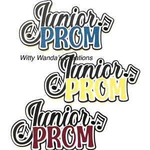 May include: Three Junior Prom cutouts with black outlines and musical notes. The top cutout is blue, the middle cutout is yellow, and the bottom cutout is maroon.