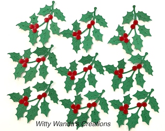 20 Christmas Holly Berry 7 Leaf Branch Paper-Pieced Embellishment Scrapbook Card Topper Paper Craft #4