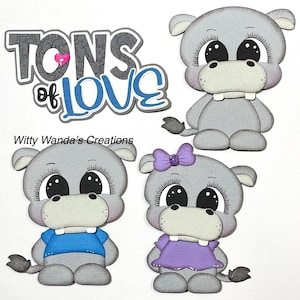 May include: A collection of gray hippo cutouts with large eyes and various outfits. One hippo wears a blue shirt, another a purple dress, and one has a purple bow. The phrase "TONS of LOVE" is above the hippos.