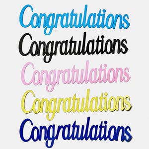 May include: Five cursive "Congratulations" cutouts in blue, black, pink, yellow, and dark blue. The words are in a script font, with a glittery texture. The cutouts are arranged vertically against a white background.