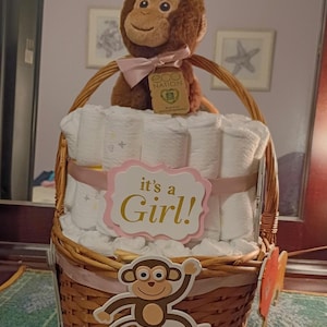 May include: A wicker basket filled with rolled white diapers, topped with a brown plush monkey toy wearing a pink ribbon. A sign reading 'it's a Girl!' is attached to the front, along with a cartoon monkey cutout and a tag labeled 'eco NATION'.