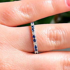 Diamond Blue Sapphire Half Eternity Band, 14K White Gold 2mm Wedding Band, Alternating Diamond Sapphire Ring, September April Stacking Ring