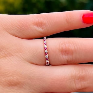 14K Rose Gold Ruby Aquamarine Ring, Half Eternity Wedding Band, 1.5mm Micro Pave Ring, July April Birthstone Ring, Low Set Engagement Band