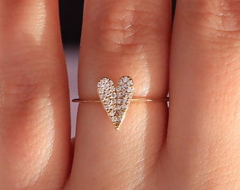 Pave Heart Diamond Ring 14K Yellow Gold, Micro Pave Heart Diamond Ring, Heart Shaped Diamond Ring, Small Pave Heart Ring, Valentines Gift