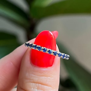 Real Blue Sapphire Ring, 18K Yellow Gold Ring, 2mm Wedding Band, Half Eternity Wedding Band, September Birthstone Ring, Comfort Fit