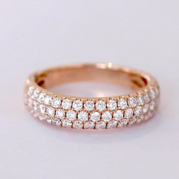 14K Rose Gold Anniversary Ring, 3 Row Micro Pave Diamond Wedding Band, Real Diamond Half Eternity Ring, 1 Carat Micro Pave Ring, Unique Ring