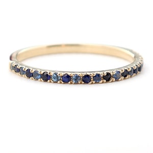 14K Gold Ombre Blue Sapphire Band, Half Eternity Micro Pave Wedding Band Varying Shades of Blue Sapphires, Diamond Cut Organic Sapphire Ring