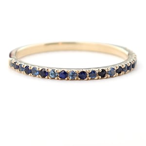 14K Gold Ombre Blue Sapphire Band, Half Eternity Micro Pave Wedding Band Varying Shades of Blue Sapphires, Diamond Cut Organic Sapphire Ring