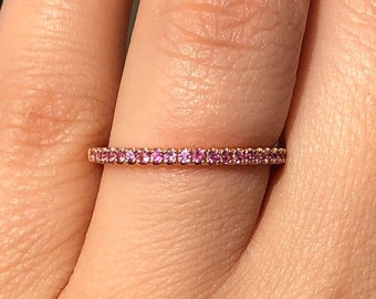 Natural Pink Sapphire Band, Micro Pave Real Sapphire Wedding band, Sapphire Half Eternity Wedding Ring, 14K Rose Gold Stacking Sapphire ring