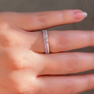 Minimalist Baguette Diamond Ring and Pink Sapphire Micro Pave Band on 14K Gold, Diamond & Sapphire Set of Two Rings, Valentines Gift for Her