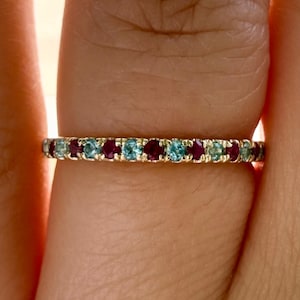 Ruby and Aquamarine Ring 14K Gold, Alternating Gemstone Band, Half Eternity Wedding Ring, July March Birthstone Ring, Stackable Ring