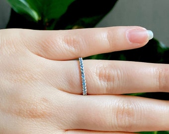 Aquamarine Wedding Band, 14K Gold Micro Pave Stacking Ring, Light Blue Aquamarine Ring, March Birthstone Ring, 1.5mm Band, Mothers Day Gift