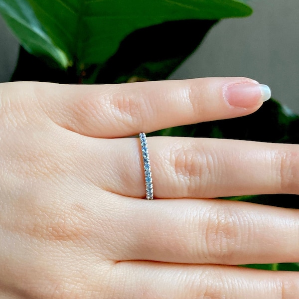 Aquamarine Wedding Band, 14K Gold Micro Pave Stacking Ring, Light Blue Aquamarine Ring, March Birthstone Ring, 1.5mm Band, Mothers Day Gift