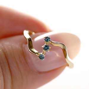 Solid 14K Yellow Gold Diamond Ring, Fancy Blue Diamond Ring, Asymmetric ring, Organic Diamond Ring, 3 Stone Diamond Ring, Anniversary Gift