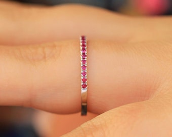 14K White Gold Ruby Ring, Micro Pave Ruby Wedding Band, Thin Minimalist Engagement Ring Band, 1.3mm Half Eternity Band, July Birthstone Ring