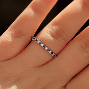 Sapphire and Diamond Ring, Solid 14K White, Yellow or Rose Gold Wedding Band, Alternating Blue Sapphire Wedding Band for Women, Mothers Day