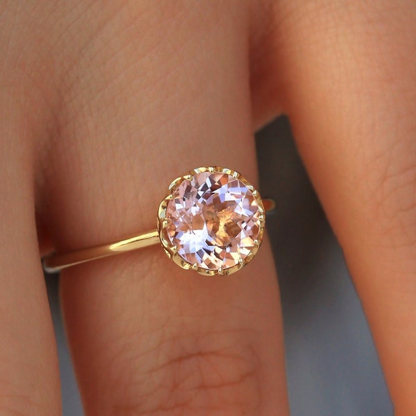 Natural Morganite Engagement Ring 14K Yellow Gold, Round Cut Morganite Solitaire Ring, Boho Engagement Ring, Vintage Style Engagement Ring