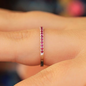 14K White Gold Ruby Ring, Micro Pave Ruby Wedding Band, Thin Minimalist Engagement Ring Band, 1.3mm Half Eternity Band, July Birthstone Ring