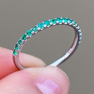 Solid 14K White Gold Natural Emerald Band, Real Emerald Wedding Band, 1.5mm Micro Pave Woman&#39;s Half Eternity Band, May Birthstone Ring Gift