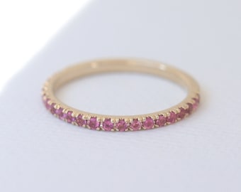 Pink Tourmaline Ring 14K Gold, Micro Pave Wedding Band, October Birthstone Ring