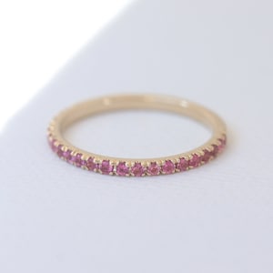 Pink Tourmaline Ring 14K Gold, Micro Pave Wedding Band, October Birthstone Ring