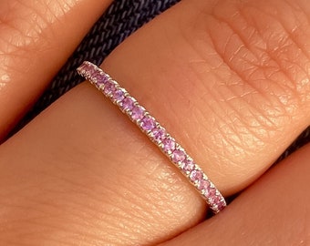 Pink Sapphire Wedding Band, Real Pink Sapphire Ring, Micro Pave Ring, 14K White Gold Stacking Band, Thing Minimalist Ring, Mothers Day Gift
