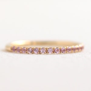 Ready to Ship Natural Pink Sapphire Ring, 14K Yellow Gold Pink Sapphire Band, 1.5mm Pink Sapphire Wedding Band, MicroPave Half Eternity Band