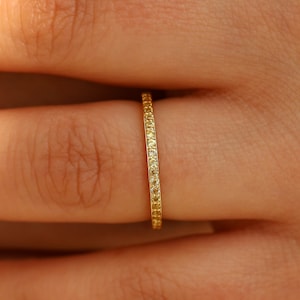 Natural Yellow Sapphire Ring, Solid 18K Yellow Gold Ring, Half Eternity Wedding Band, Diamond Cut Fancy Yellow Ring, Minimalist Wedding Band