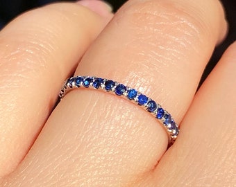 Blue Sapphire Ring, Full Eternity Band, Solid 18K Gold Bridal Ring, Micro Pave Wedding Band, Engagement Ring Band, September Birthstone Ring