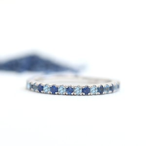 Solid 14K or 18K Gold Sapphire and Aquamarine Ring, Half Eternity Sapphire Band, 2mm Wedding Band, March September Birthstone Stacking Ring