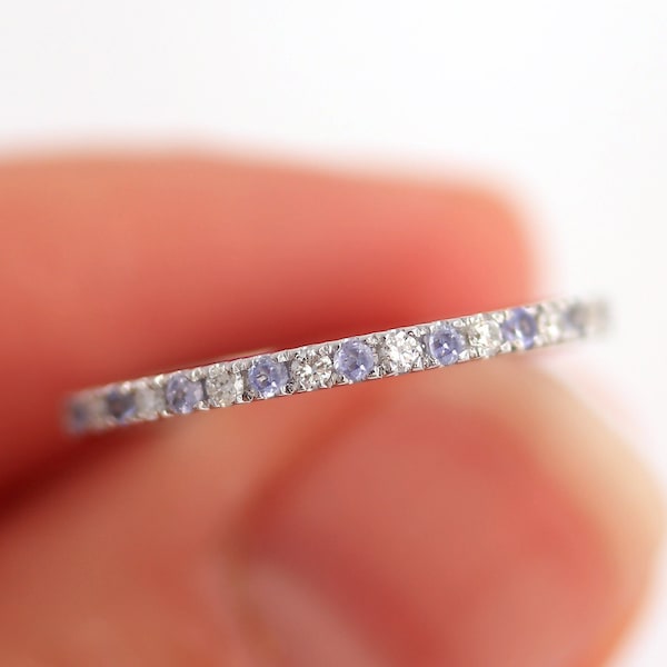Alternating Diamond and Tanzanite Ring, 14K White Gold Womens Wedding Band, Half Eternity Pave Bridal Ring, Real Diamond Anniversary Ring