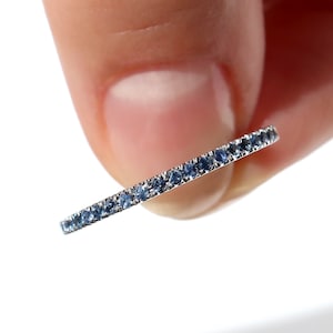 14K White Gold Blue Sapphire Ring, Ombre Sapphire Ring, Light to Dark Blue Sapphire Band, Half Eternity Wedding Band, 1.3mm Micro Pave Band